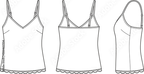 Obraz na plátně Women v-neck camisole top with lace trim fashion flat sketch template front back
