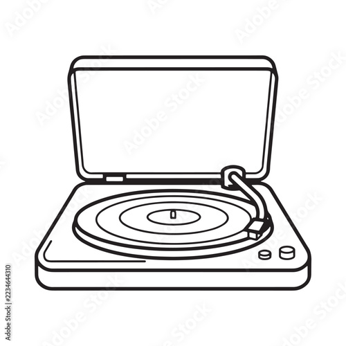 Line art illustration of a portable record player with open lid