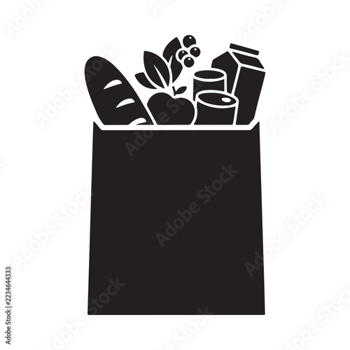 Groceries in a paper bag black silhouette on white background