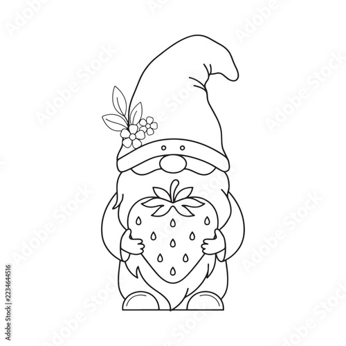 Gnome holding a strawberry black line art on a white background