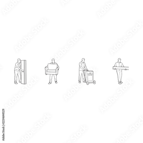 Line drawing depicts people carrying furniture and appliances