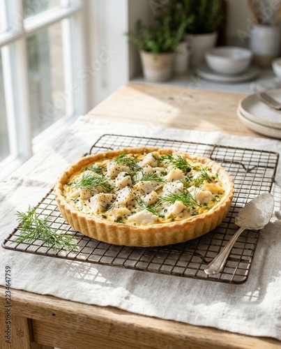 Homemade Seafood Fish Quiche Tart With Fresh Dill On Wire