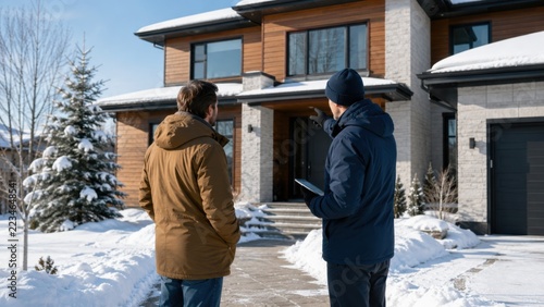 Real estate agent showing modern luxury house exterior to potential buyer during winter property tour
