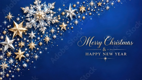 Elegant Merry Christmas and Happy New Year greeting card with silver and gold stars on blue