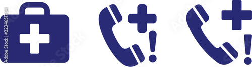 Set of emergency medical icons with first aid kit, telephone call, plus sign, and exclamation mark