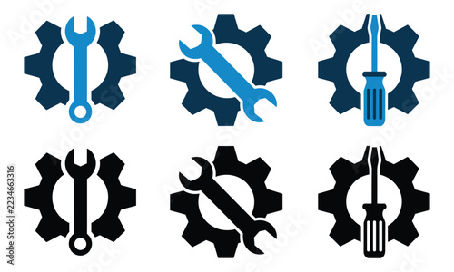 Set of professional flat gear and tool icons for reliable technical maintenance UI design.