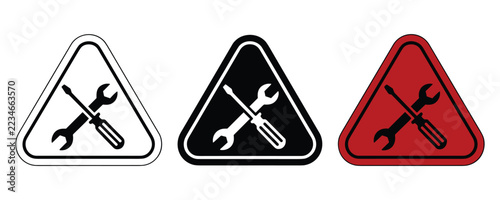 Professional wrench and screwdriver maintenance icons in red, black, and white triangles.