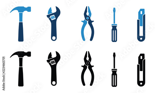 Reliable hand tool icons showing professional equipment for repair on a white background.