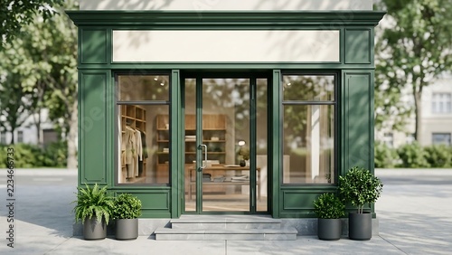 Elegant dark green boutique storefront with blank signage on a sunny street, featuring large glass display windows, potted plants, and a modern minimalist clothing interior for retail business.