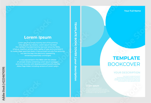 A light blue and white book cover template showing the front, spine, and back cover with placeholder text and abstract circular designs.