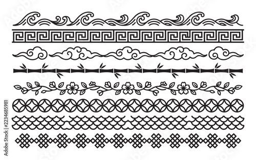 Oriental decorative borders, 8 Asian dividers, floral wave line art