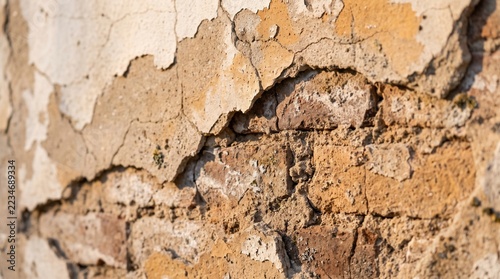 Weathered Peeling Plaster Texture on Old Brick Wall