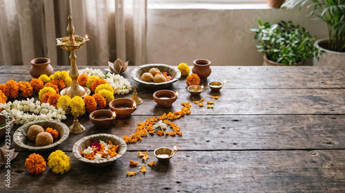 Environmentally Conscious Diwali Arrangement with Handmade Oil Lamps