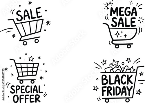 Black Friday sale mega offer shopping cart icons set with hand drawn doodle style typography isolated on white background for retail marketing promotion and commercial advertising banner graphic desig