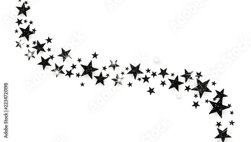 Black glitter stars arranged in a flowing wave pattern on a clean white background creating a festive decorative border for holiday cards and party invitations