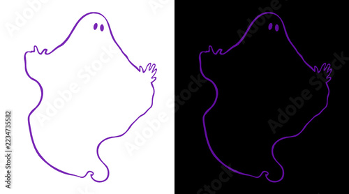 Photography Hand-drawn purple ghost line art, minimalist spooky spirit illustration, cute Ha