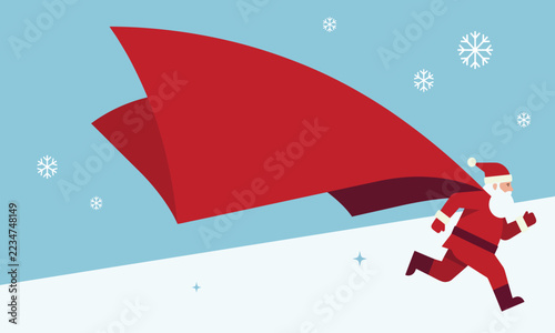 Santa claus running with a flowing red cape against a light blue and white winter background holiday seasonal festive hero