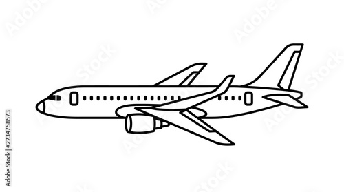 A simple black and white line art illustration of a commercial passenger airplane