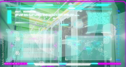Projecting translucent HUD panels over server rack corridor, showing grid, globe, progress bars