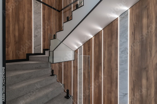 Fotografie A carpeted staircase with a glass railing rises beside wood wall panels and marble strips inside a home