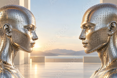 Metallic AI Heads Facing Each Other with Binary Code