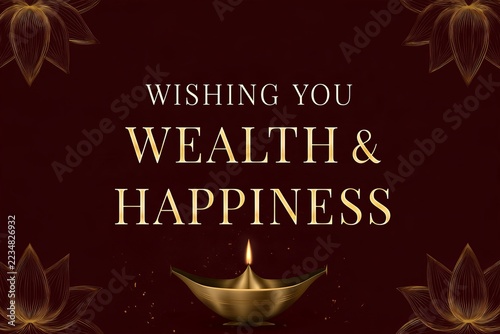 Greeting card with a lit oil lamp and wishes for wealth and happiness