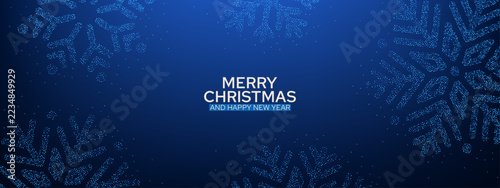 Merry Christmas and Happy New Year greeting on blue background with dotted snowflake border. Holiday card design for seasonal celebrations and greetings. Festive winter banner