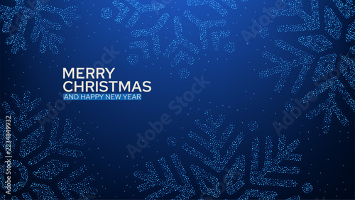 Merry Christmas and Happy New Year greeting on blue background with dotted festive border. Holiday season celebration and seasonal wishes. Greeting card, banner and copy space.