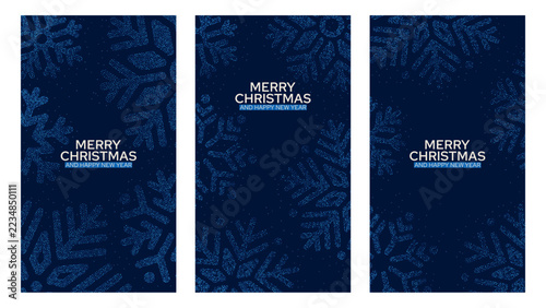 Three Christmas greeting card designs with blue dotted snowflakes and holiday wishes. Merry Christmas and Happy New Year message. Seasonal celebration and festive stationery.