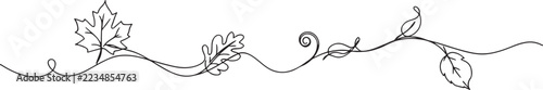 Continuous one line drawing of falling autumn leaves vine horizontal banner minimalist botanical vector illustration isolated. one line Icon drawing