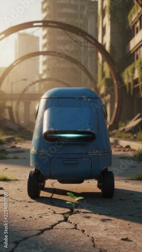 Autonomous 3D Mascot Blue Delivery Robot Vehicle with Orange Beacon Light on Deserted Urban Street