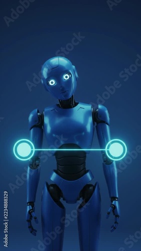 Futuristic 3D Blue Humanoid Robot Character Interacting with Glowing Cyan Connection Line and Nodes