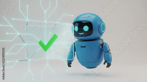 Floating 3D blue character robot touching network with green checkmark