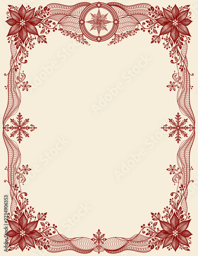 Vintage Christmas certificate border with snowflakes ang guilloche elements