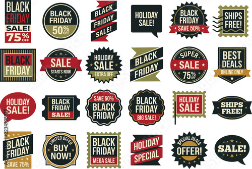 Black Friday holiday special badge set with dark and gold tags for premium seasonal offers plus festive shopping promotions