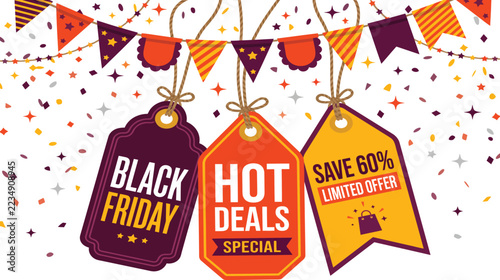 Black Friday hot deals special poster with orange and dark tags for sizzling sale events plus energetic retail advertising campaigns