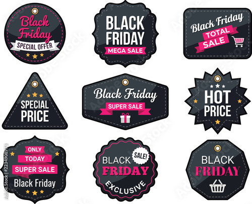 Black Friday hot price mega sale badge set with dark and pink stickers for sizzling deals plus bold retail advertising today