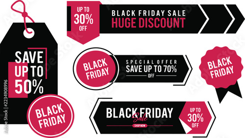 Black Friday huge sale tag set with dark and pink arrow banners for massive discount events plus dramatic clearance promotions