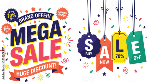 Black Friday huge mega discount poster with colorful sale lettering plus playful shapes for cheerful promotions and family shopping campaigns
