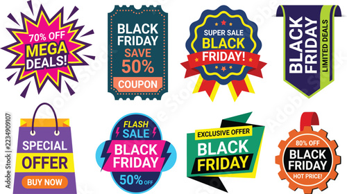 Black Friday hot price badge pack with colorful sale labels plus bold discount stickers for sizzling promotions and energetic retail advertising