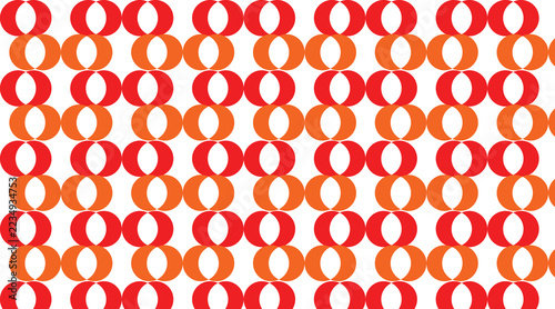 Red and orange overlapping circles repeating pattern on white background, geometric chain link rings design, vector illustration