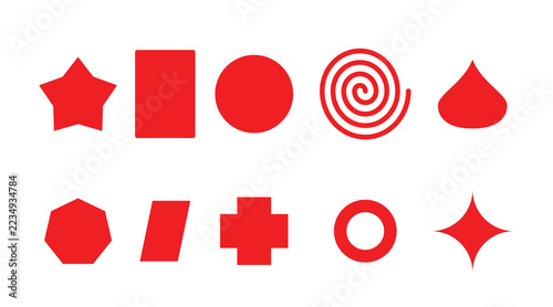 Red geometric shapes icon set with star, circle, spiral, plus, ring and sparkle, flat basic shapes collection, vector illustration on white background