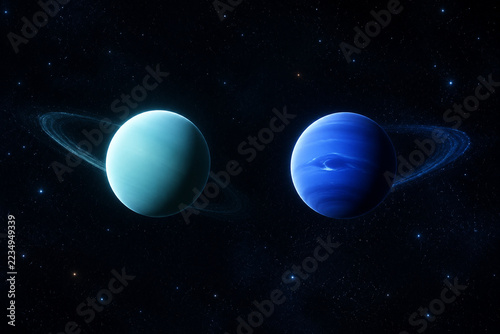 Uranus and Neptune side by side in deep space, planetary science concept