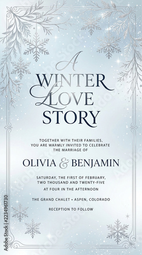 Winter wedding invitation template with elegant snowflakes, light blue frost background frame, holiday celebration card design vector