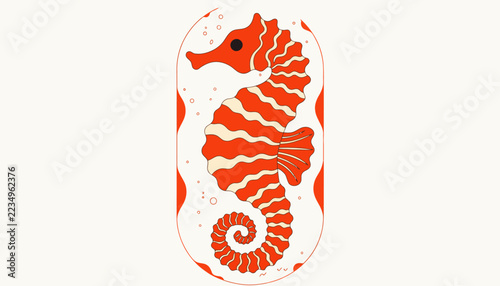 Stylized Red Seahorse Illustration with Bubbles and Waves, Oval Frame, Marine Life Design