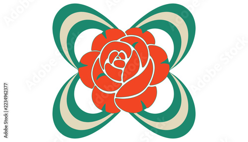 stylized red flower with green and beige swirls