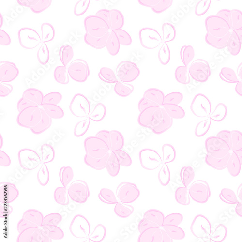 Seamless pattern of pink flowers and outlined floral motifs on white in hand drawn watercolor style. Vector illustration for elegant wrapping paper, fabric, greeting cards, stationery and floral decor