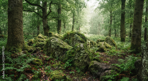 Lush green forest filled with mossy rocks, ferns, and tall trees illuminated by soft sunlight passing through the canopy