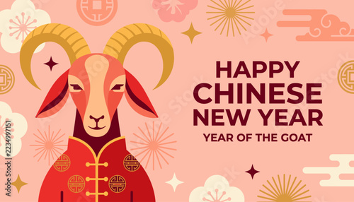 Happy chinese new year greeting card featuring a stylized goat illustration