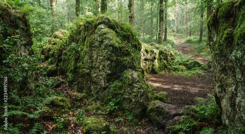 Large moss-covered boulders beside a dirt path in a quiet, lush green forest bathed in soft natural light